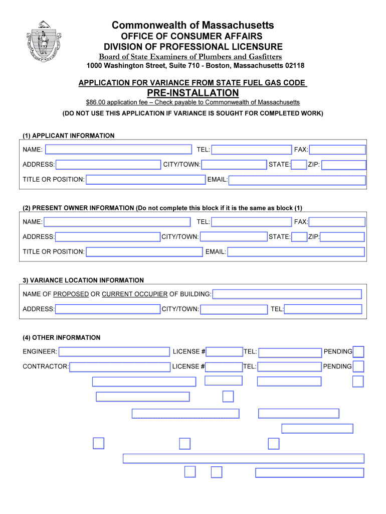 Massachusetts Plumbing Board Variance Application  Form