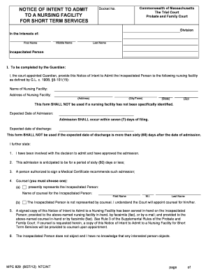 Notice of Intent to Admit to a Nursing Facility for Short Term Services Ma  Form