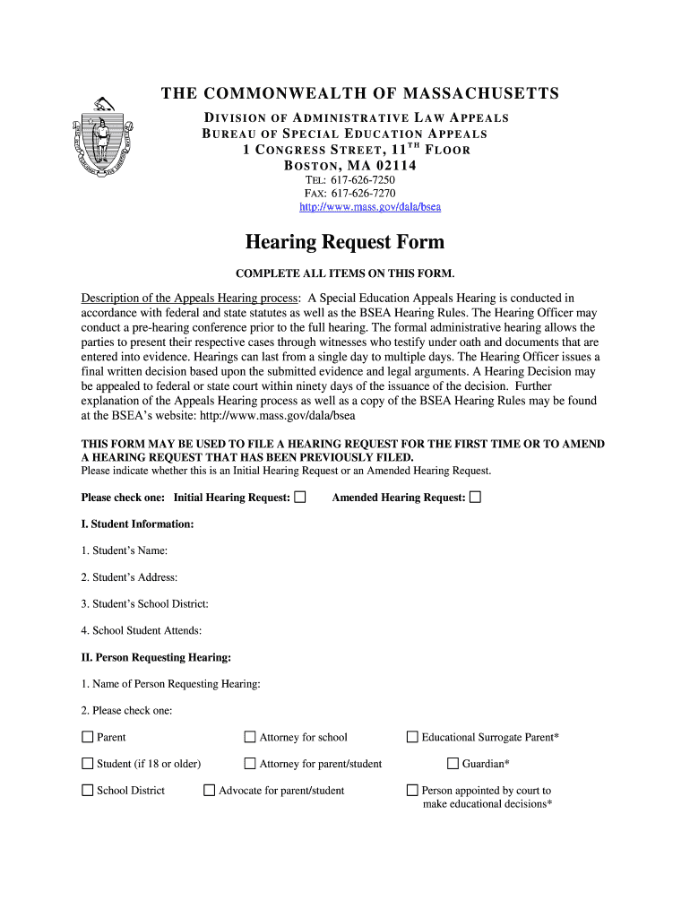 Massachusetts Hearing Request  Form