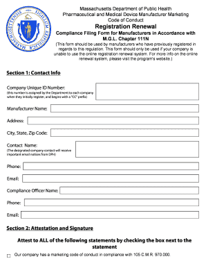 Registration Renewal Compliance Filing Form for Manufacturers in Accordance with M G L Chapter 111n