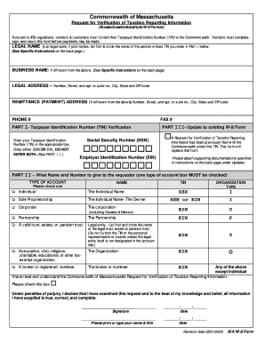 Commonwealth of Massachusetts Request for Verification of Taxation Reporting Information Substitute W 9 Form