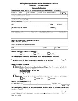  Michigan Duplicate Title Form 2013-2024