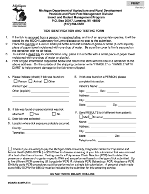 Tick Identification and Testing Form State of Michigan Michigan