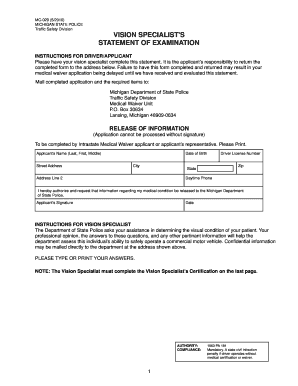 Vision Specialist Statement of Examination Form