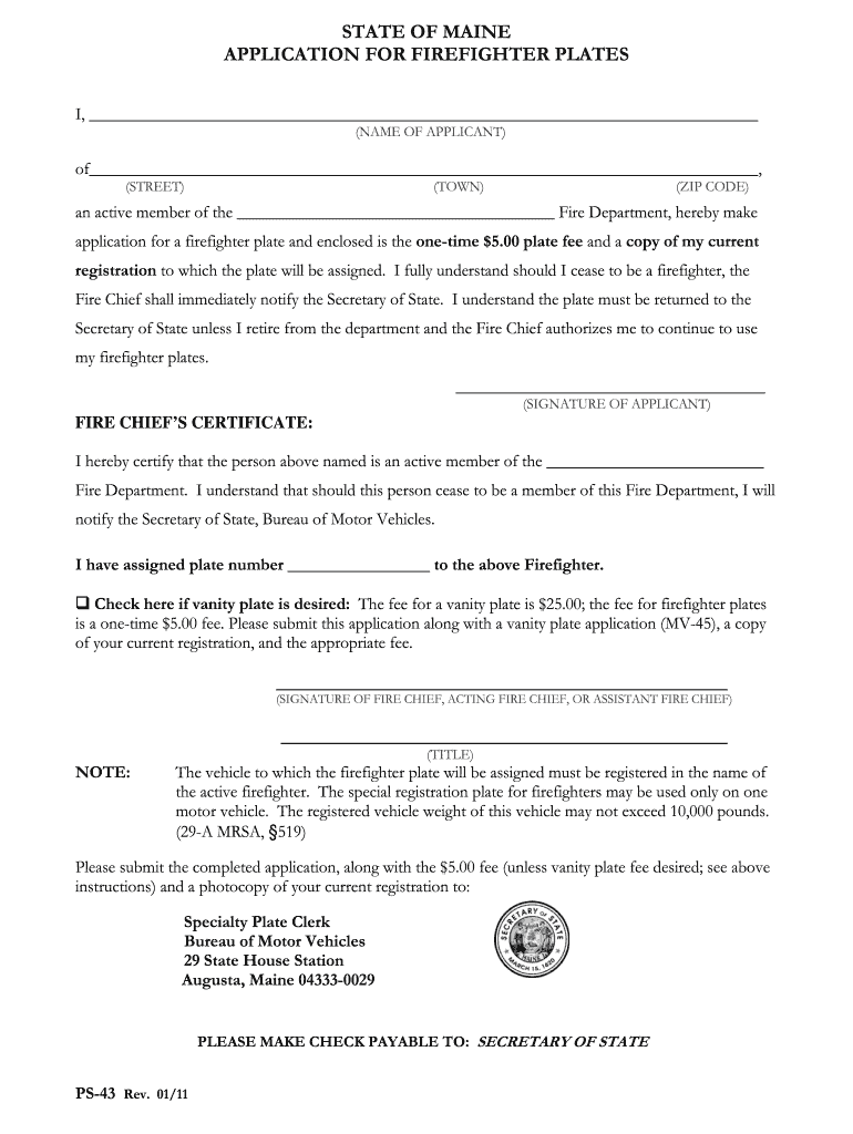 Maine Firefighter Plates Form