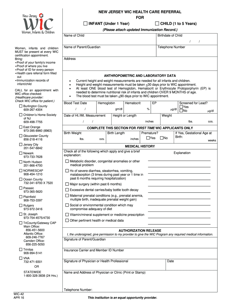  WIC 42 Dot Form O 14 State Nj 2013