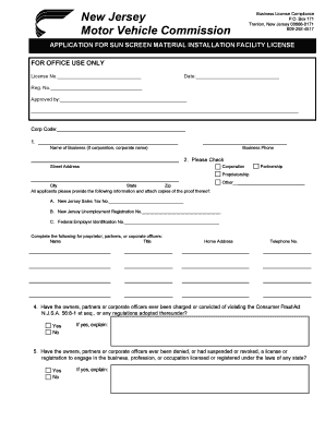  Nj Sun Screening License Form 2003