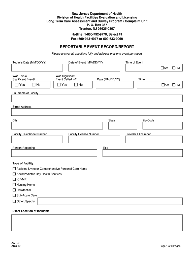  Nj Doh Reportable Event Form 2014