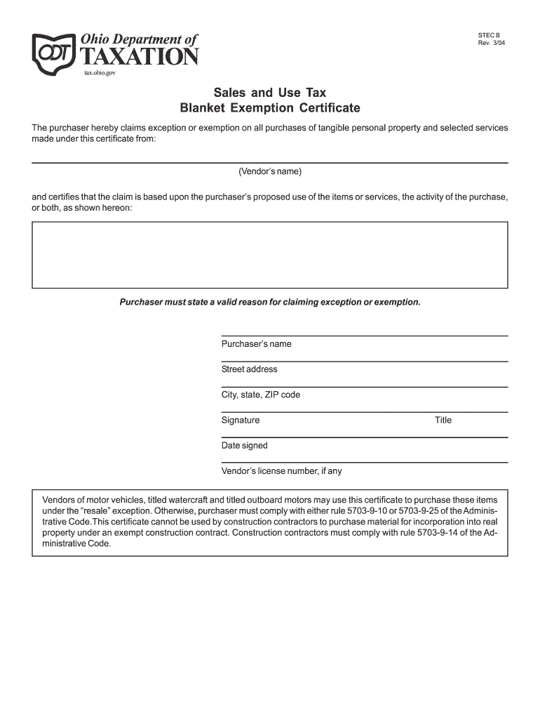 Printable Blank Ohio Tax Exempt Form