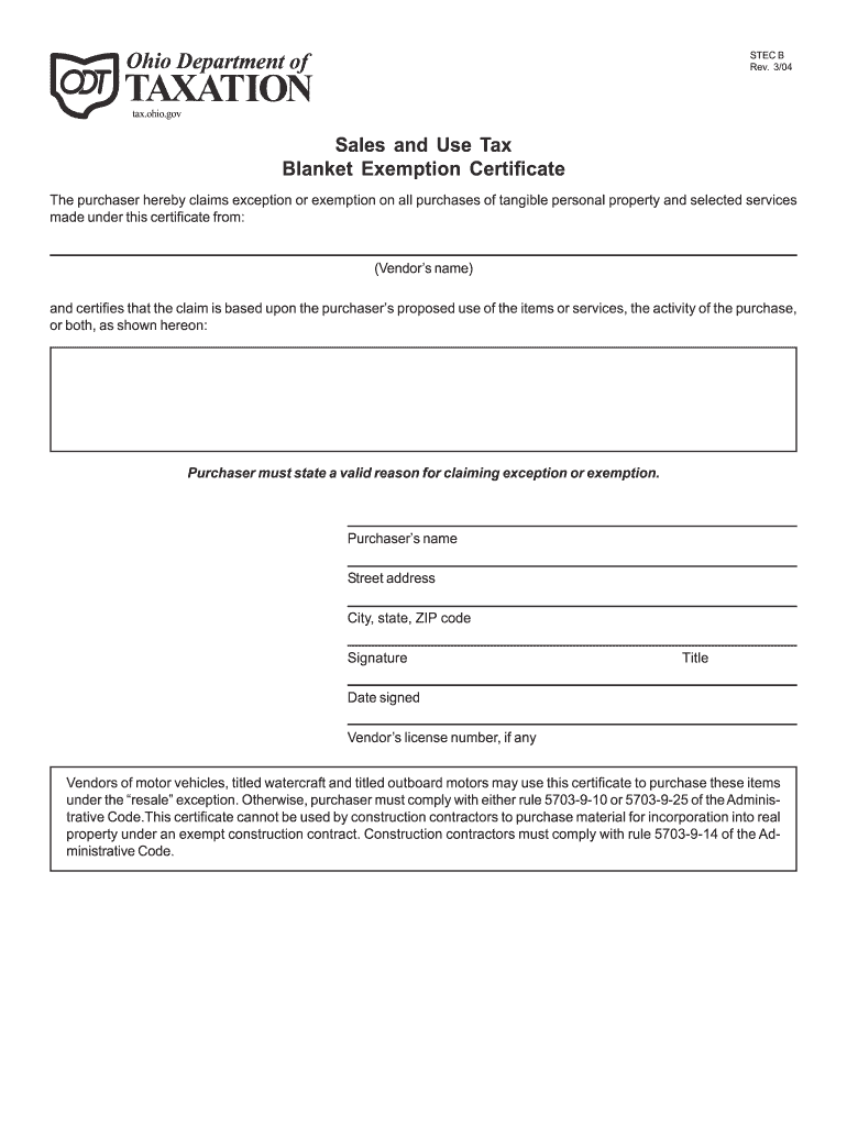 Ohio Sales Tax Blanket Exemption Form