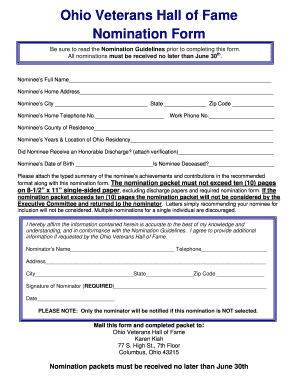 Sample of Nomination for Veterans Hall of Fame  Form