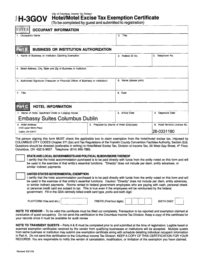  Ohio Hotel Tax Exempt Form 2009