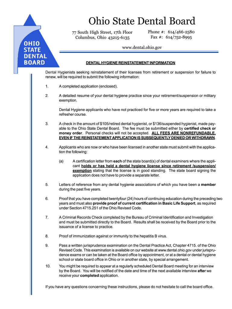  Reinstatement Requirements for Dental Hygienists in the State of Ohio Form 2004-2024