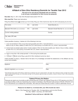Affidavit of Non Ohio Domicile Form