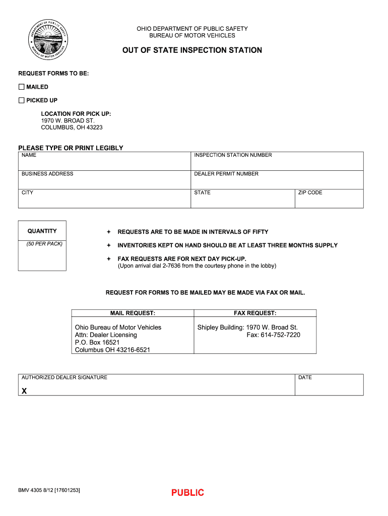  Ohio Out of State Inspection Form 2012-2024