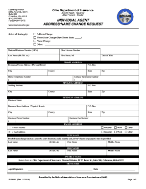 Change of Address Ohio Department of Insurance Form