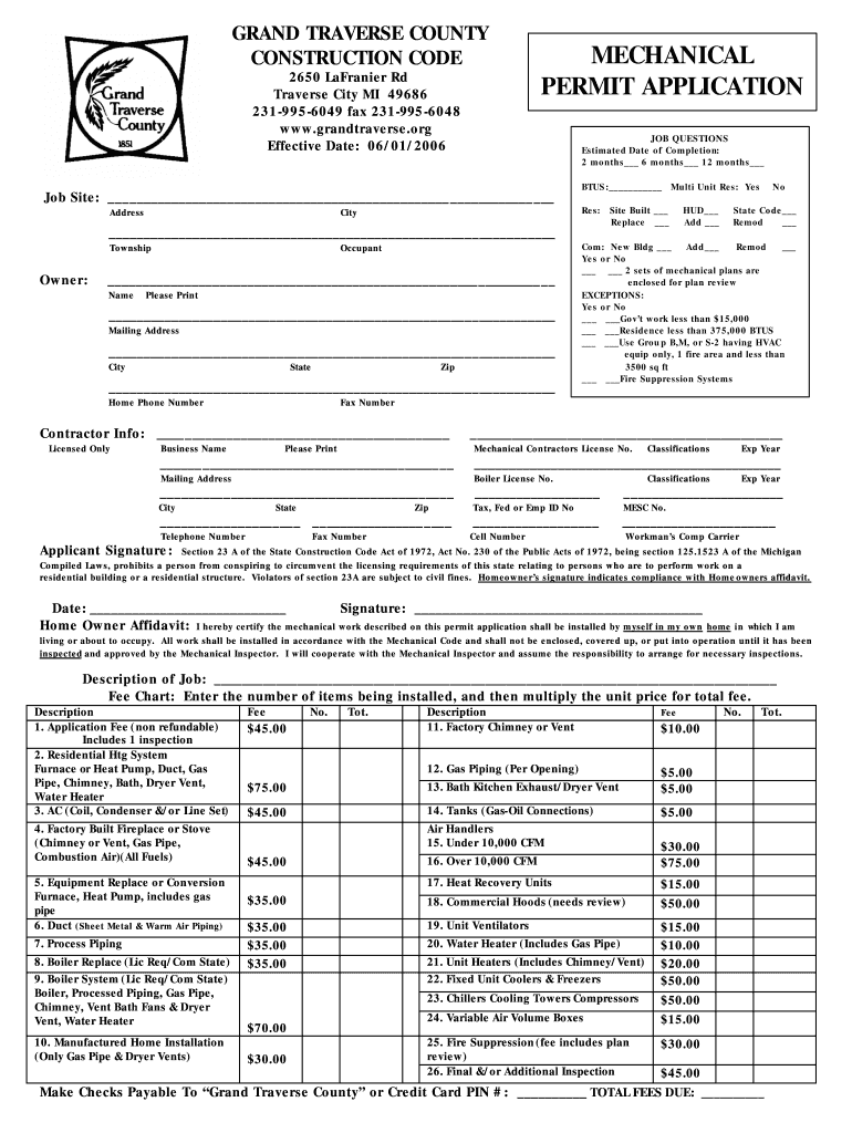 Get and Sign Grand Traverse Mechanical Permit 2006-2022 Form
