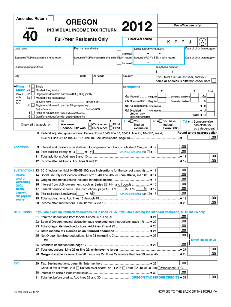 Form 40, Oregon Individual Income Tax    State of Oregon