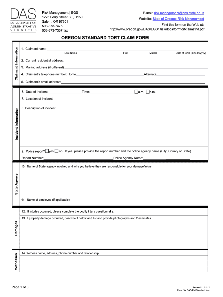  Oregon Form Tort Claim 2012