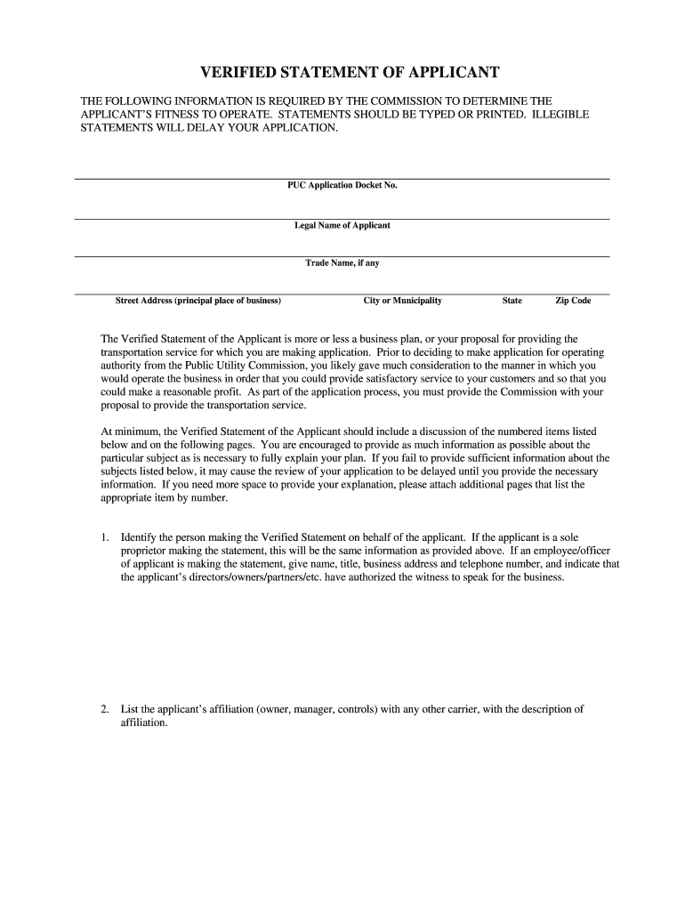 Verified Statement of Applicant of Puc Rights Form