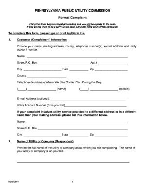  Formal Complaint Form Pennsylvania Public Utility Commission Puc Pa 2014