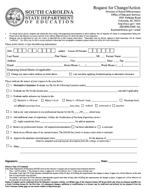 Change of Action Form Sc Department of Education