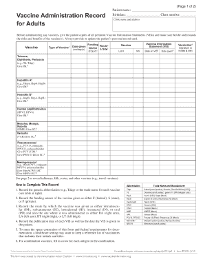 Immunization Record Form for Adults