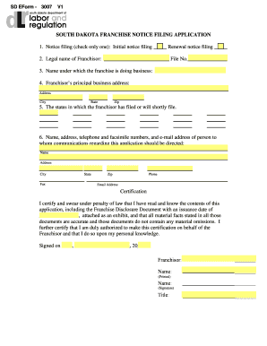 South Dakota Franchise Notice Filing Application Form