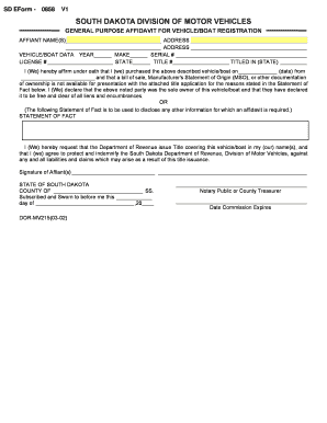 Affidavit for VehicleBoat Registration State of South Dakota State Sd  Form