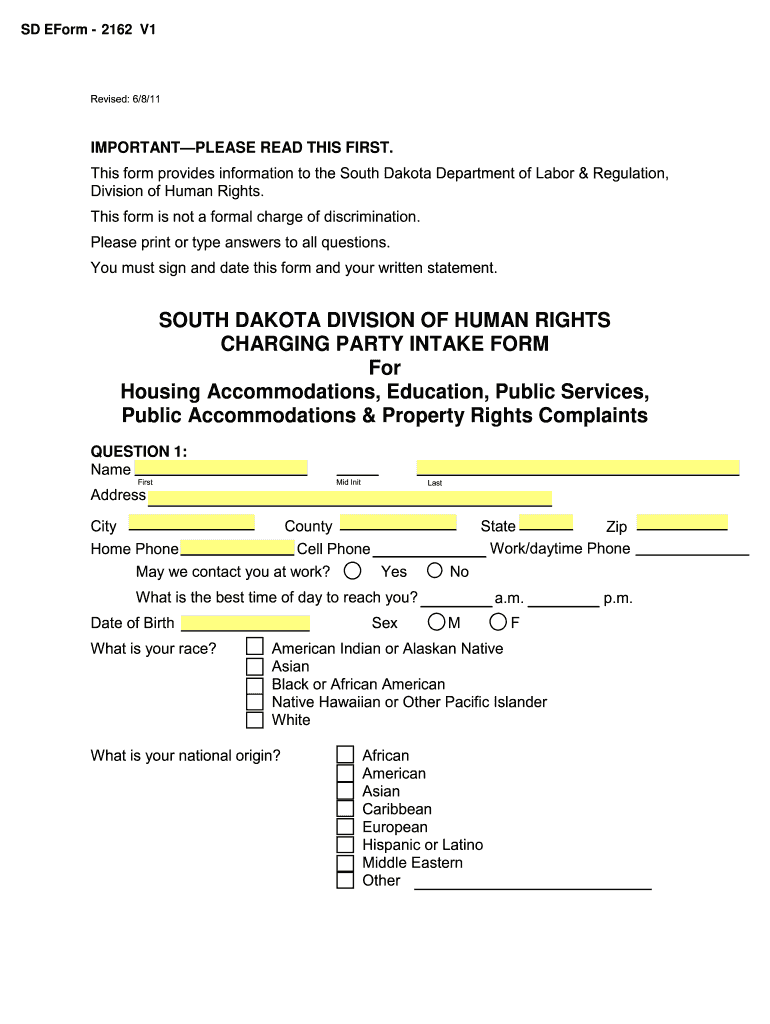  Charging Party Intake Form  State of South Dakota  State Sd 2011-2024