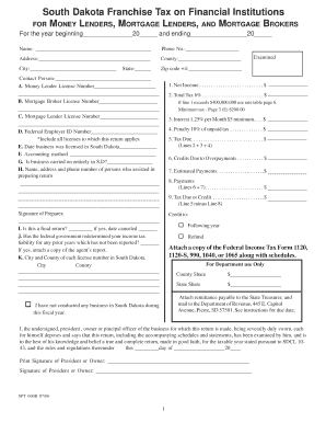 South Dakota Franchise Tax on Financial Institutions for Money Lenders Form