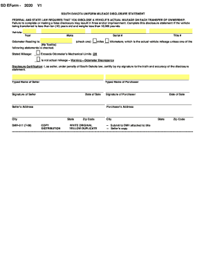 South Dakota Odometer Disclosure Statement  Form