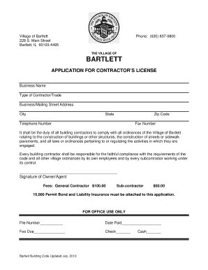 APPLICATION for CONTRACTOR&amp;#39;S LICENSE Village of Bartlett  Form