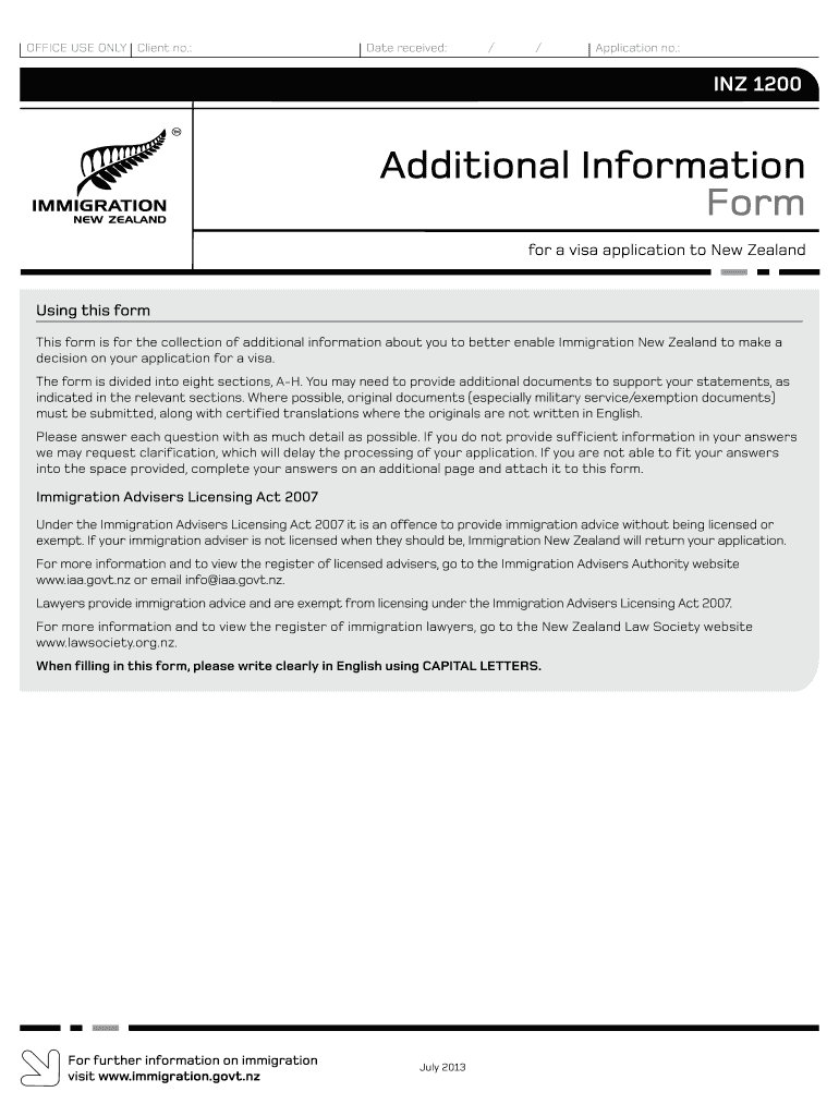  New Zealand Inz 1200 Form 2014