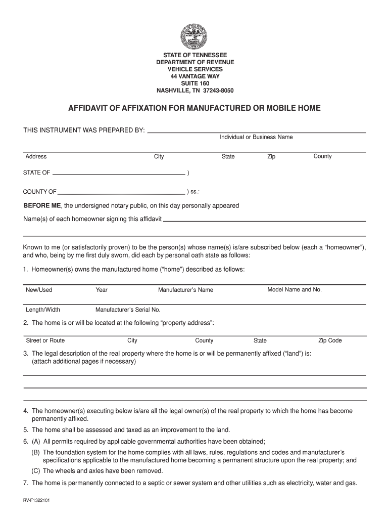 Tennessee Mobile Home Affixation Affidavit  Form