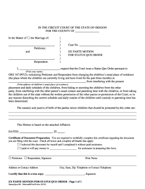 Ex Parte Status Quo Order  Form