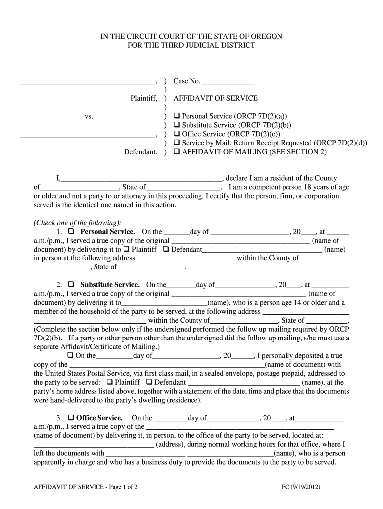  Proof of Service Form Oregon 2012-2024