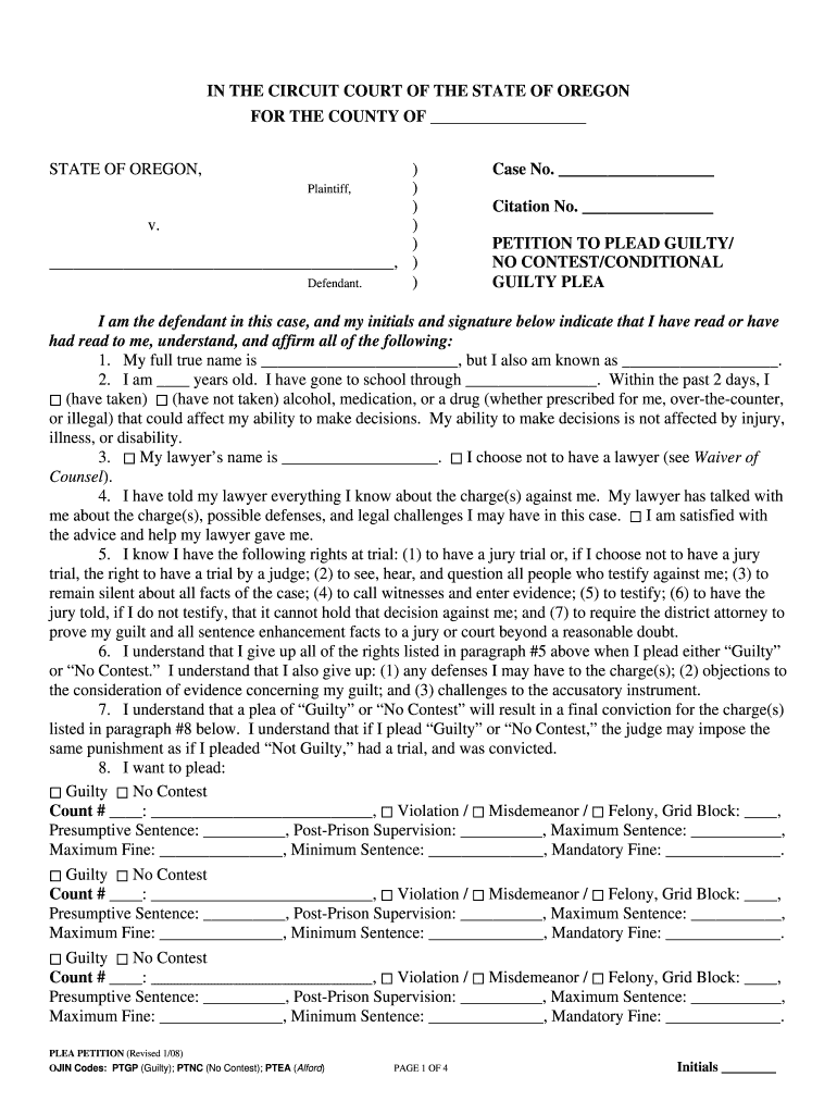 Oregon Uniform Plea Petition