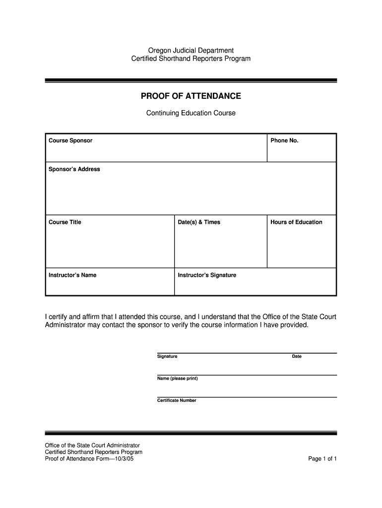  Proof of Attendance Form 2005