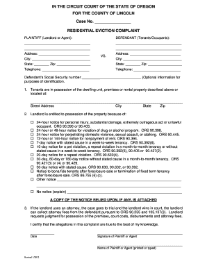Residential Eviction Complaint Circuit Court of or Clatsop County Form