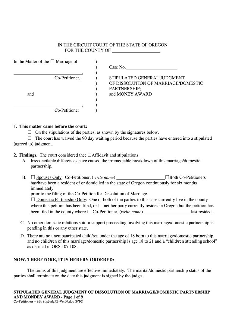  Stipulated Judgement Form Oregon 2010