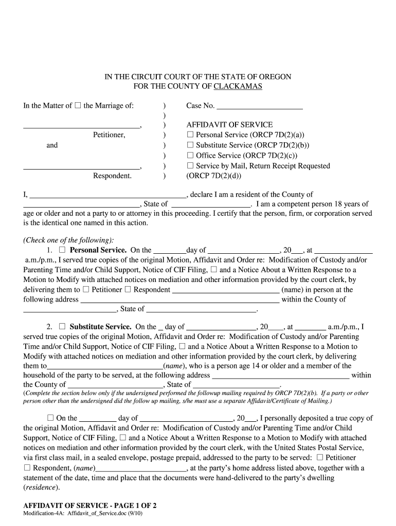  Affidavit of Service Oregon Editable Form 2012
