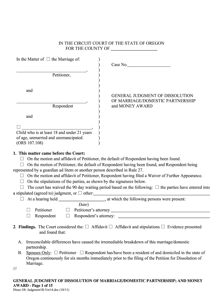 Dissolution of Marriage Papers  Form