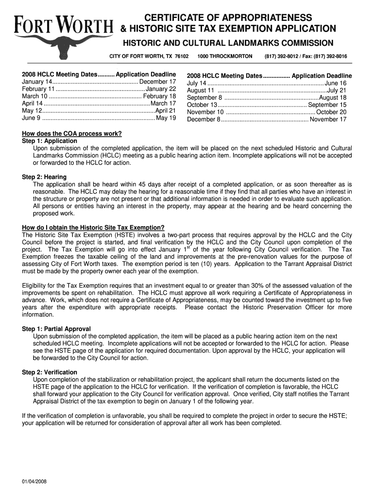  COA and HSTE Application  City of Fort Worth  Fortworthtexas 2008-2024