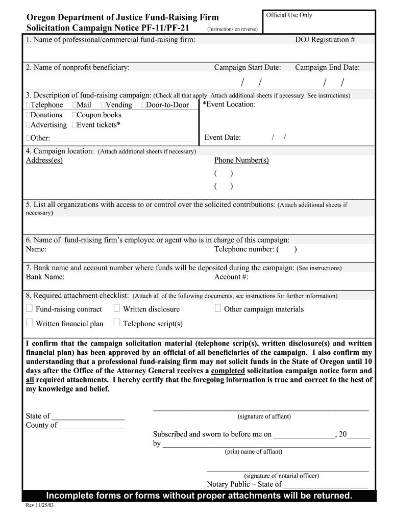  Oregon Department of Justice Fund Raising Firm Solicitation Campaign Notice PF 11PF 21 Instructions on Reverse AG Model Rule 2003-2024