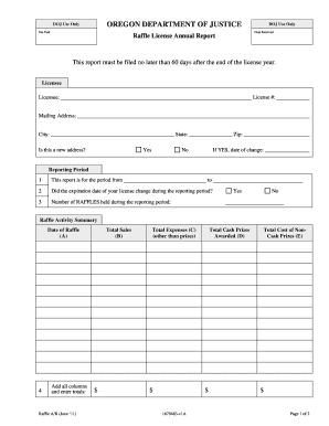 Oregon Department of Justice Raffle License Annual Report Form