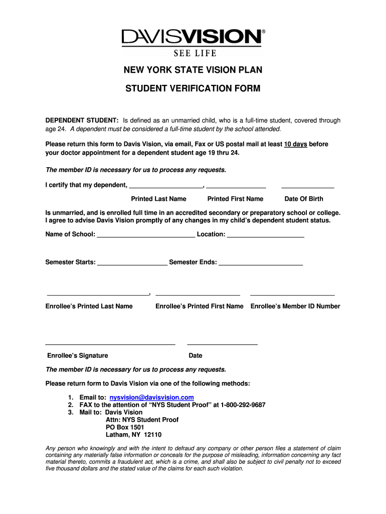 Davis Vision Student Verification Form