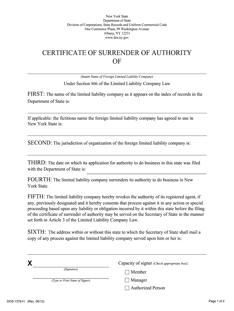 Nys Certificate of Surrender of Authority Section 806 Form