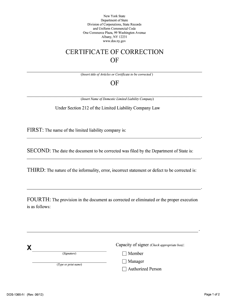 Certificate of Correction Form New York State Department of State Dos Ny