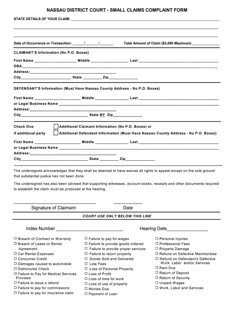 Nassau County Small Claims Court  Form